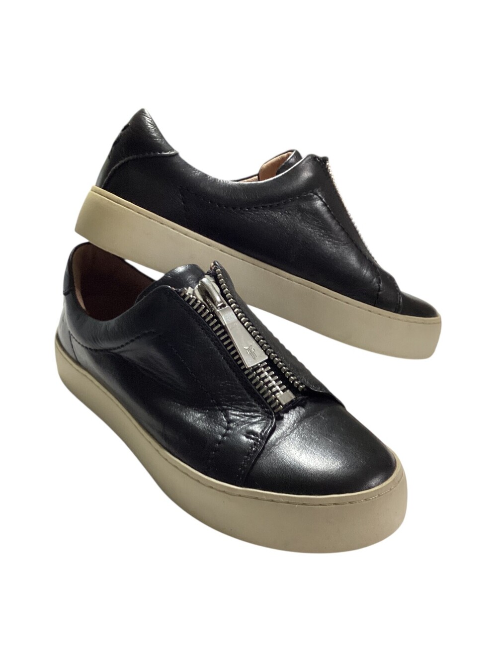 FRYE Lena Zip Low Sneaker Women's Leather Shoes Logo Zipper Black Sz 8.5M EUC